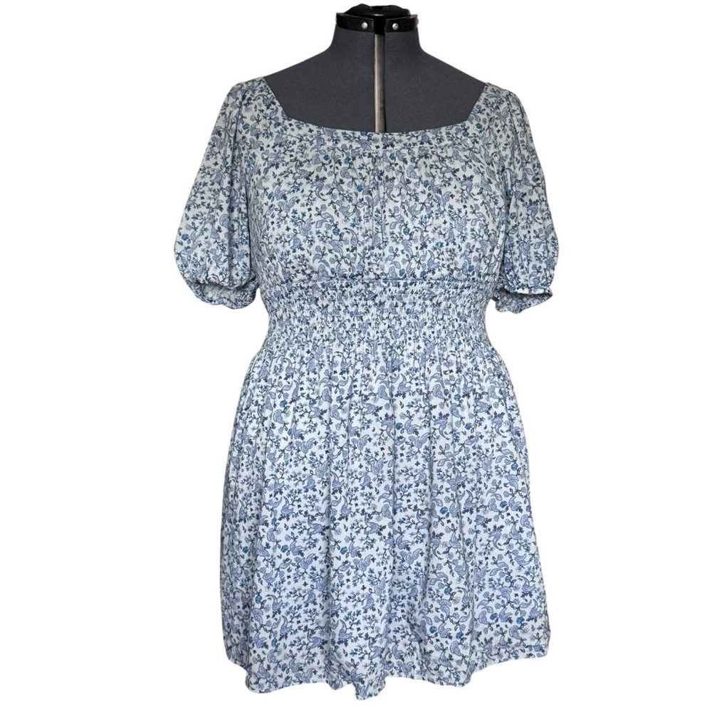 Old Navy Blue Floral Cottegecore Puff-Sleeve Smocked Mini Dress Large
